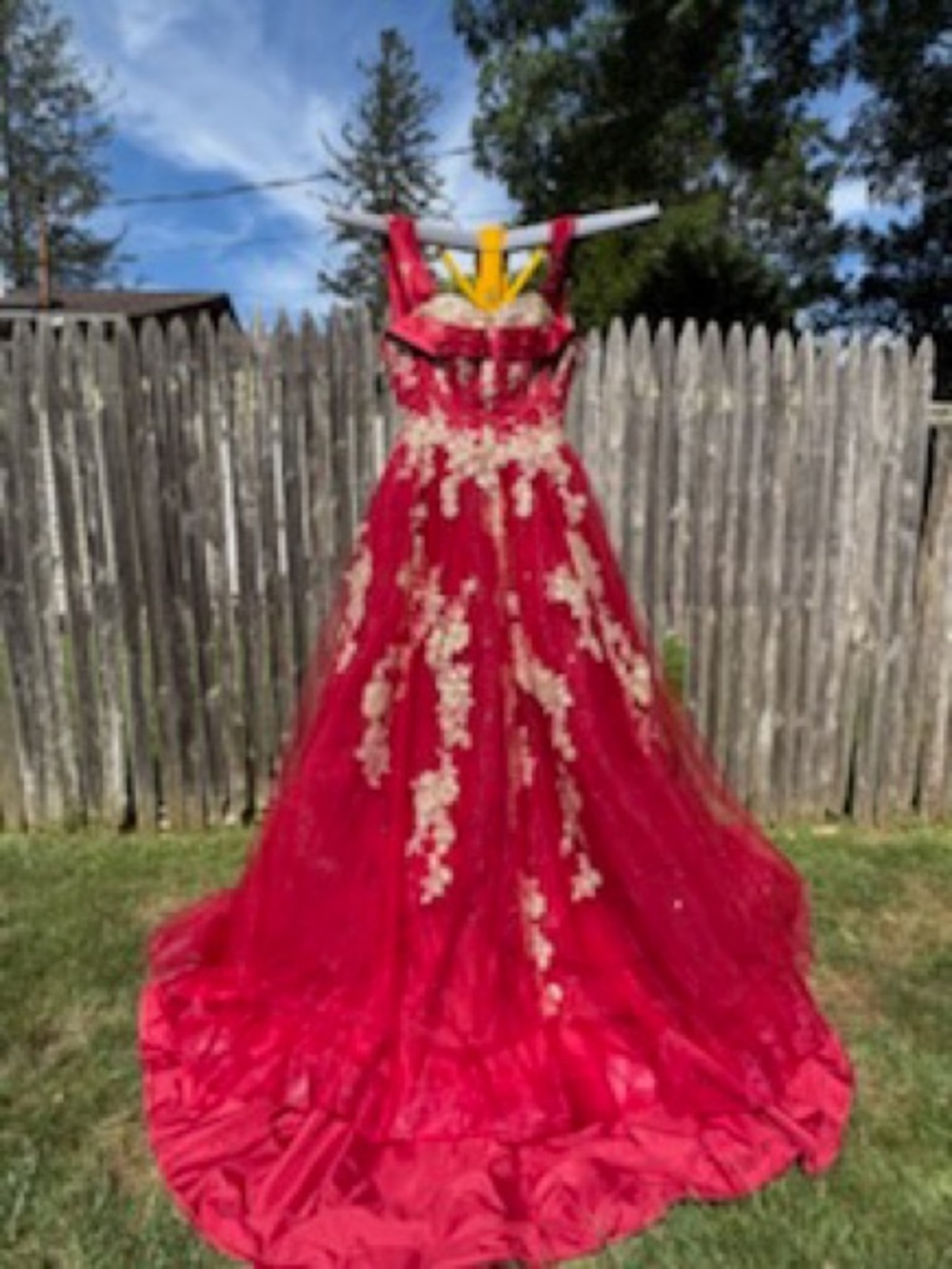 IRO Red Ball Gown with Gold Lace Appliqué